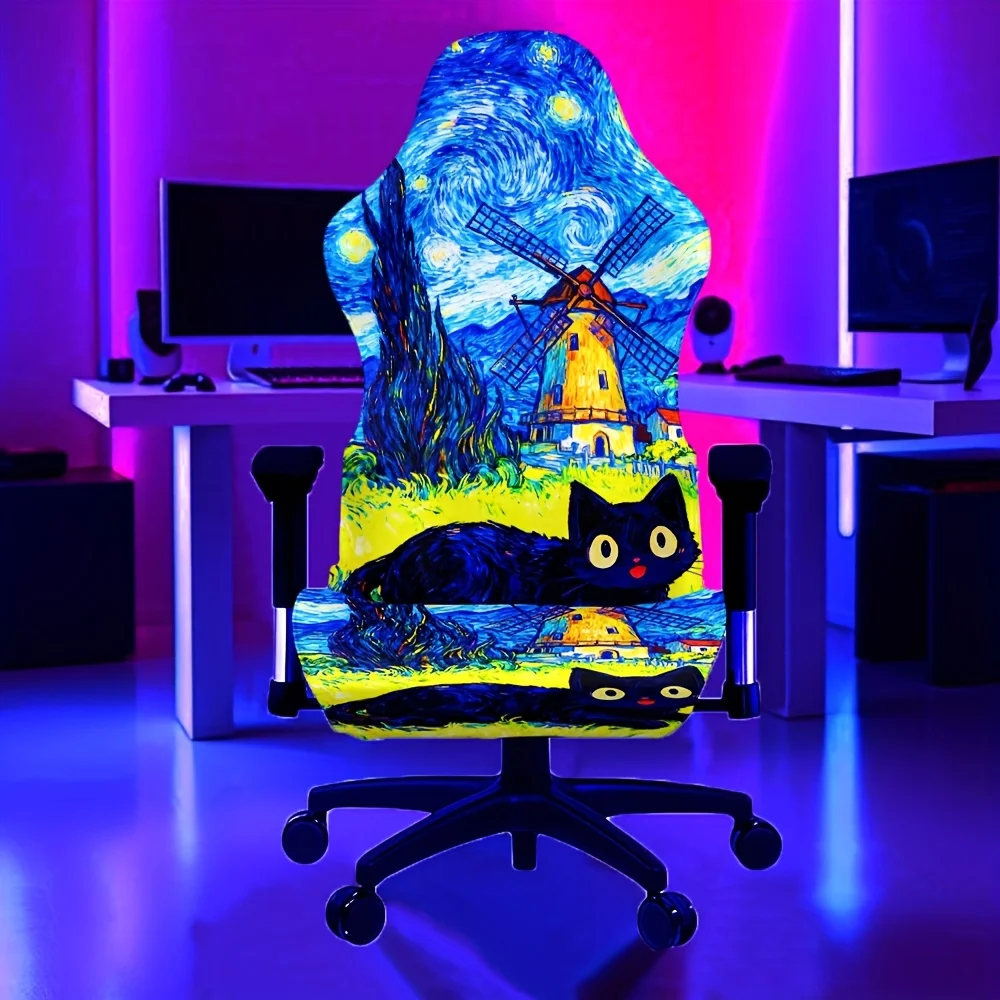 1 Set Verschiedene Niedliche Katzen unter der Sternennacht Gaming-Stuhlbezug UV-Schwarzlicht Leuchtender Gaming-Stuhlbezug Gaming-Stuhl-Dekoration
