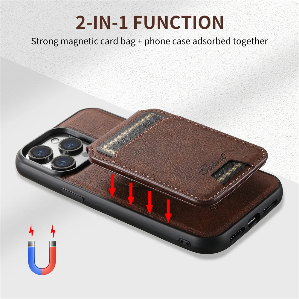 Litchi Pattern Leather Detachable Card Bag Magsafe Case for iPhone 15 Pro Max 12 13 Pro 14 Plus Wireless Charging Phone Bag