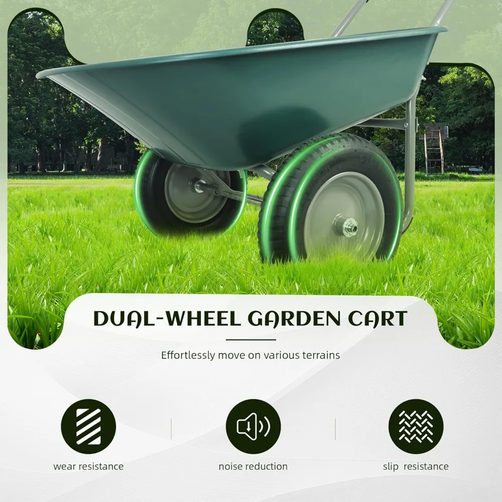 عربة حديقة ذات عجلات مزدوجة شديدة التحمل مع حامل مدمج، عربة يدوية سهلة المناورة للمنزل باللون الأخضر