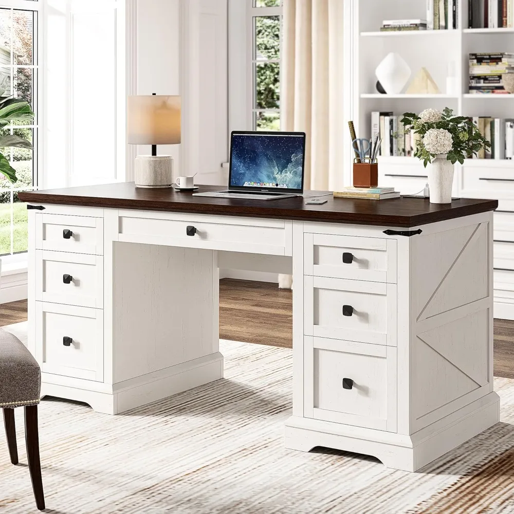 

Executive Desk Wih 7 Drawers Farmhouse Computer Desk with Charging Station Wood Desk for Home Office Workspace for Work Study