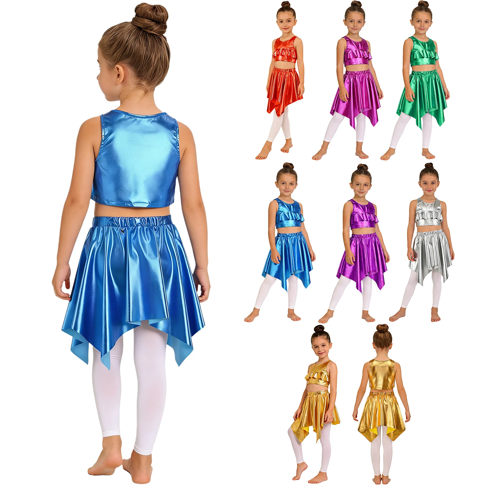 Kids Girls Metallic Jazz Dance Outfit Sleeveless Ruffle Vest with Asymmetrical Skirt for Cheerleading Chorus Hip Hop Performance