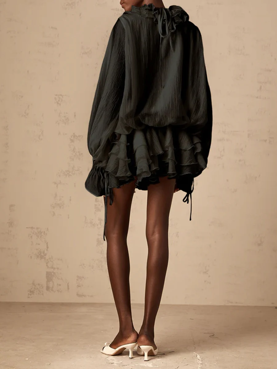 Vgh passarela moda emendado apliques vestido para mulheres com decote em v manga longa pathwork babados estilo doce vestidos em camadas feminino novo