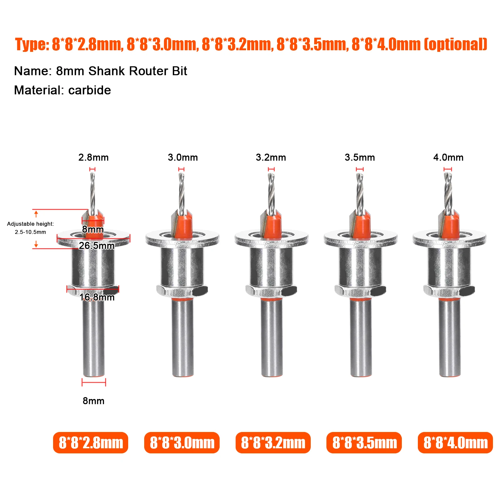 8mm Shank Carbide Countersink Woodworking Router Bit 2.5-10.5mm Adjustable Milling Cutter Screw Extractor Remon Demolition