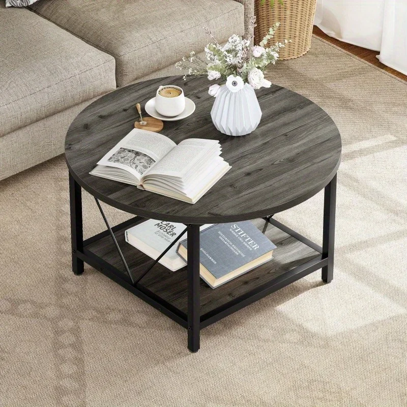 

2-Tier Modern Round Coffee Table with Storage Open Shelf Home Office Living Room