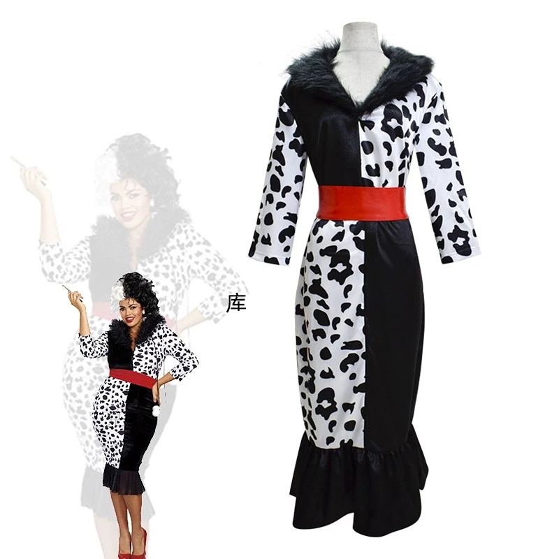 

Movie Girls Women Cruella De Vil Cosplay Queen Black White Princess Dress Leopard Dot Wraps Outfits Halloween Costumes