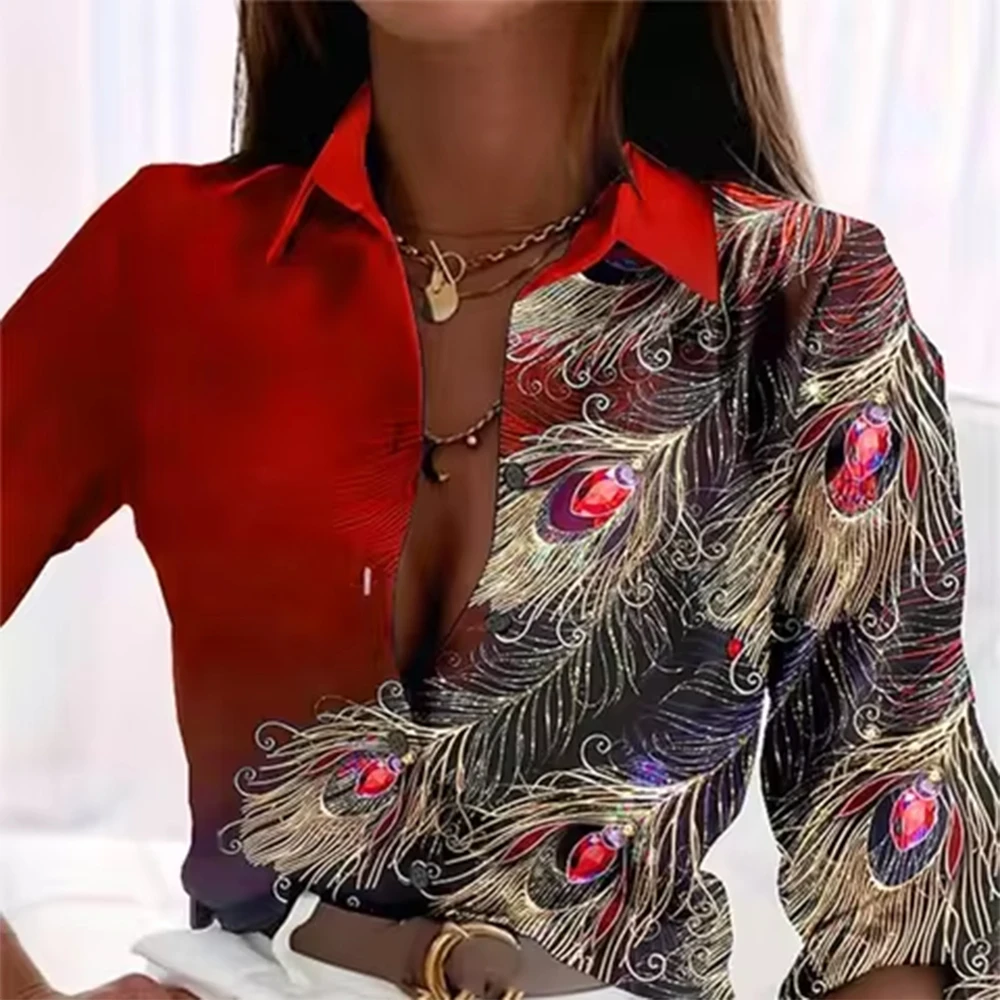 2024 New Women's Peacock Feather 3d Printed Lapel Long-Sleeved Shirt Elegant Loose Top Spring And Summer Single-Breasted Shirts