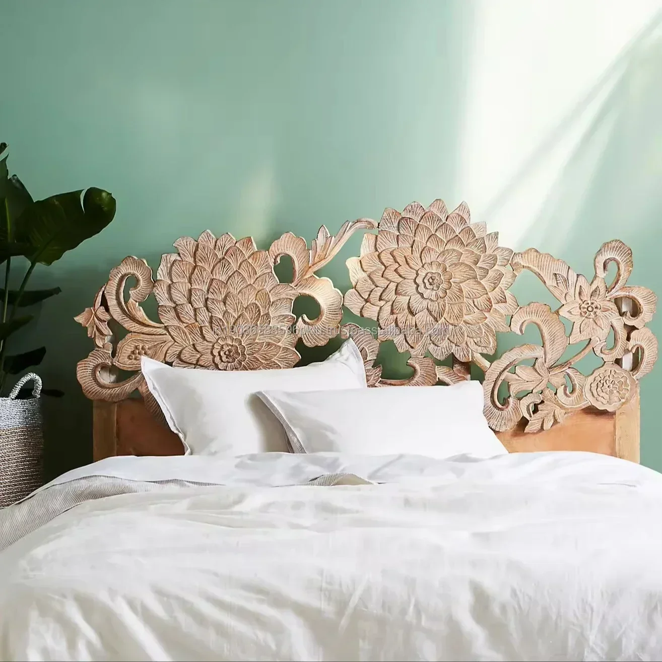 

Hand Carved Lotus Design Bed Frame Headboard Single and Double Platform Headboard Traditional Indian Solid Wood Bed