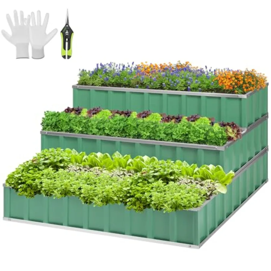 

3-Tier Metal Raised Garden Bed 46" x 46" x 24" Galvanized Steel Metal Outdoor Planter Box with Gloves and Scissors to Grow Flow