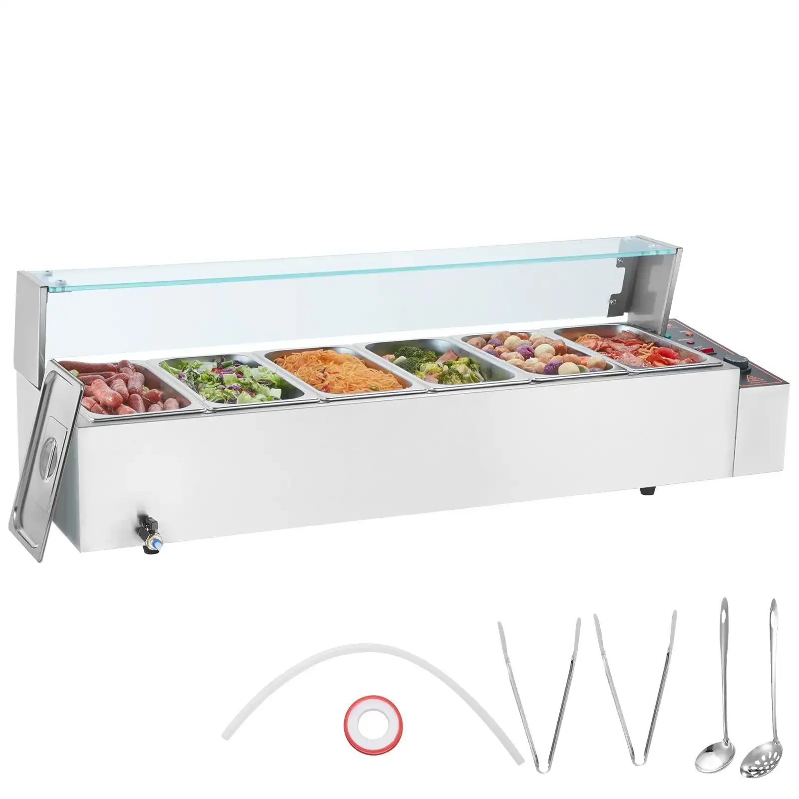 

Commercial Electric Food Warmer Countertop Buffet 6*5Qt with Glass Shield
