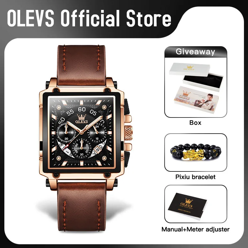 OLEVS – montre à Quartz carrée pour hommes, étanche, bracelet en cuir, horloge de Sport