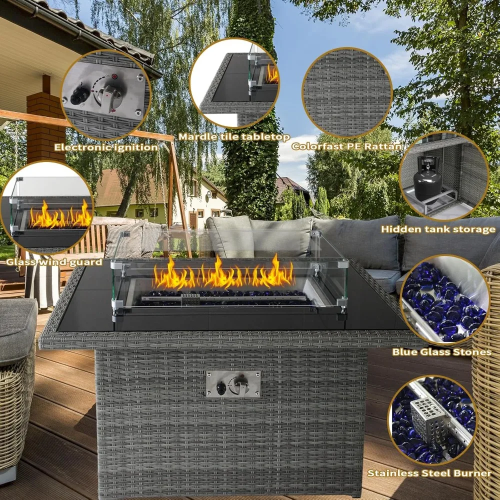 Gas Fire Pit Table 43in Outdoor Firepit 50,000 BTU Rectangle Firepit Table with Outdoor Wicker Rattan Fire Pit with Glass Guard