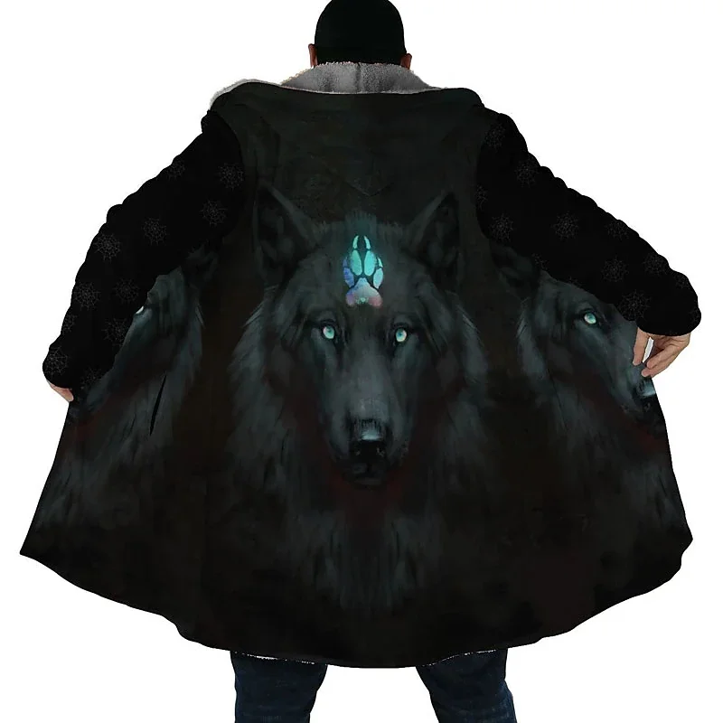 Men\'s Winter Jacket Wolf 3D Print Thick Warm Zipped Hoodie Male Coat Cape Robe Overcoat Parkas Invierno Hombre Blanket