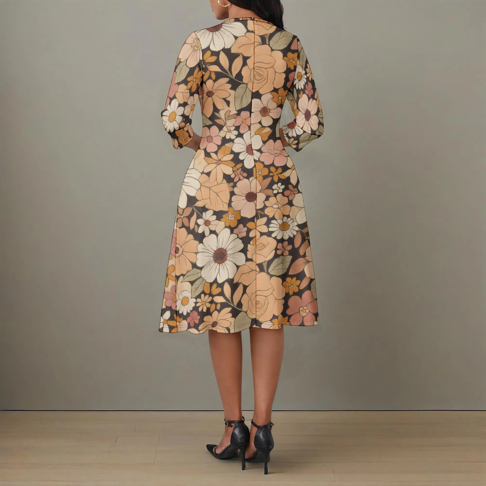 Abito da donna elegante con maniche a 3/4 sexy a vita alta con scollo a V e volant, abito longuette da cocktail party a trapezio