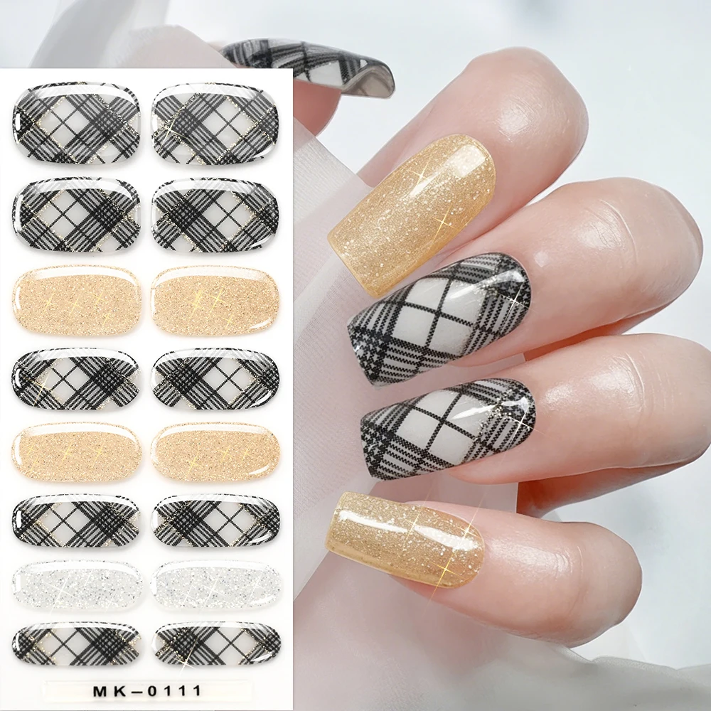 

16Tips Black Plaid Baking Free Gel Nail Stickers Gold Glitter Full Cover Nail Art Wraps Mix-Colors Self-Adhesive Manicure Decals