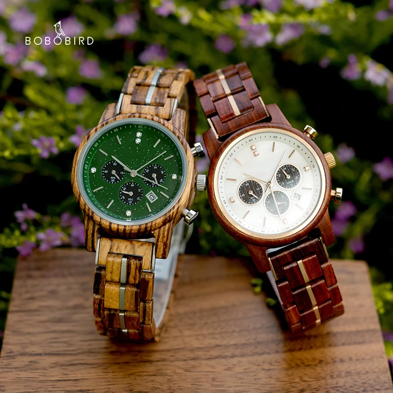 BOBO BIRD Wooden Watch for Women Men Engraved Customized Wood Chronograph Watches with Auto Date Luxury Couples Wristwatch