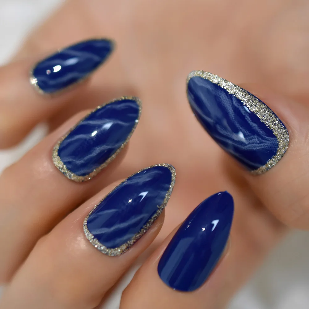 Unhas falsas stiletto de mármore azul brilhante, glitter prateado, pré-projetos, médio, manicure artificial, pontas de unhas decorativas para mulheres