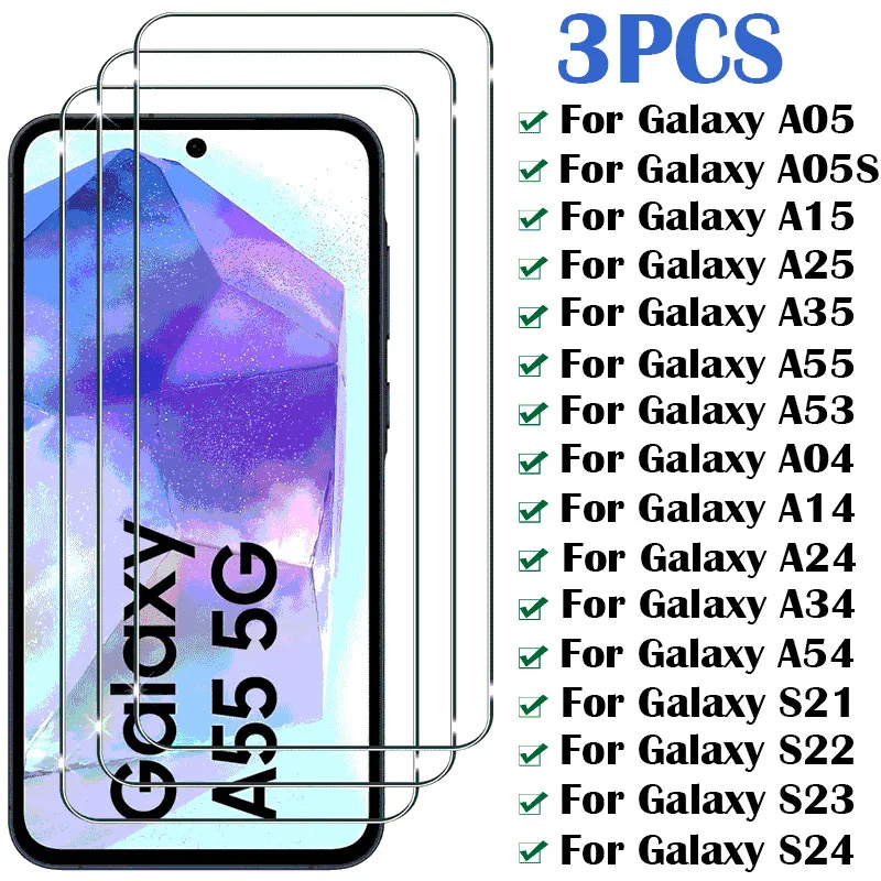 3PCS Protective Glass for Samsung Galaxy A54 A14 A34 A24 A04 A55 A35 A25 A15 A05S Screen Protector for Samsung S22 S23 S24 Plus