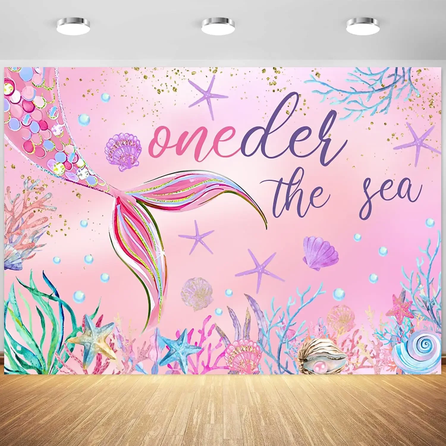 Oneder The Sea 1st Girls Pink Mermaid Under The Sea one year First Birthday Party photo background photography backdrop