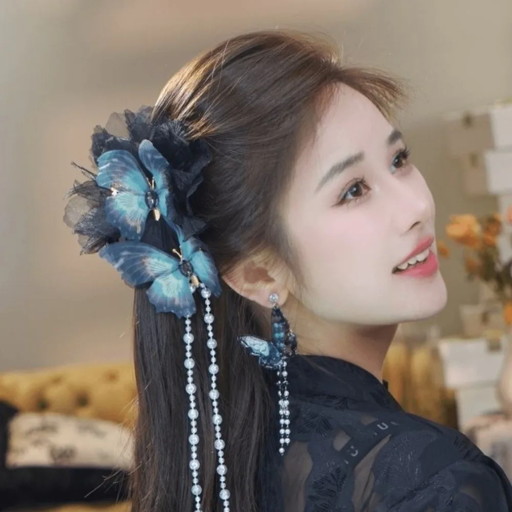 

Elegant Butterfly Tassel Hair Claw Clips Beads Large Size Moonlight Tulle Shark Clips Plastic Black Blue Ancient Style Hairgrips