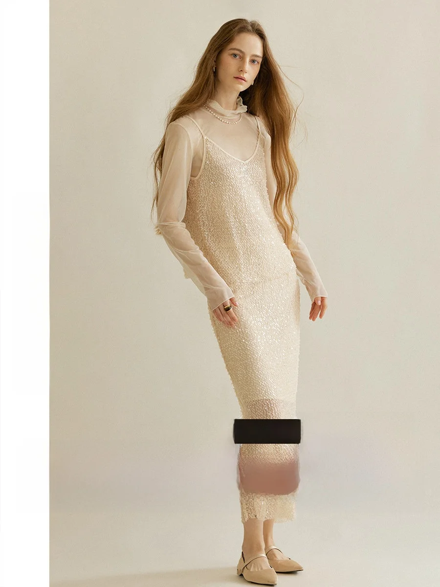 

since Then Small Fragrance Style Sequin Strap Dress Set Women's Early Autumn Fashion Three-Piece Suit Long Sleeve Gown