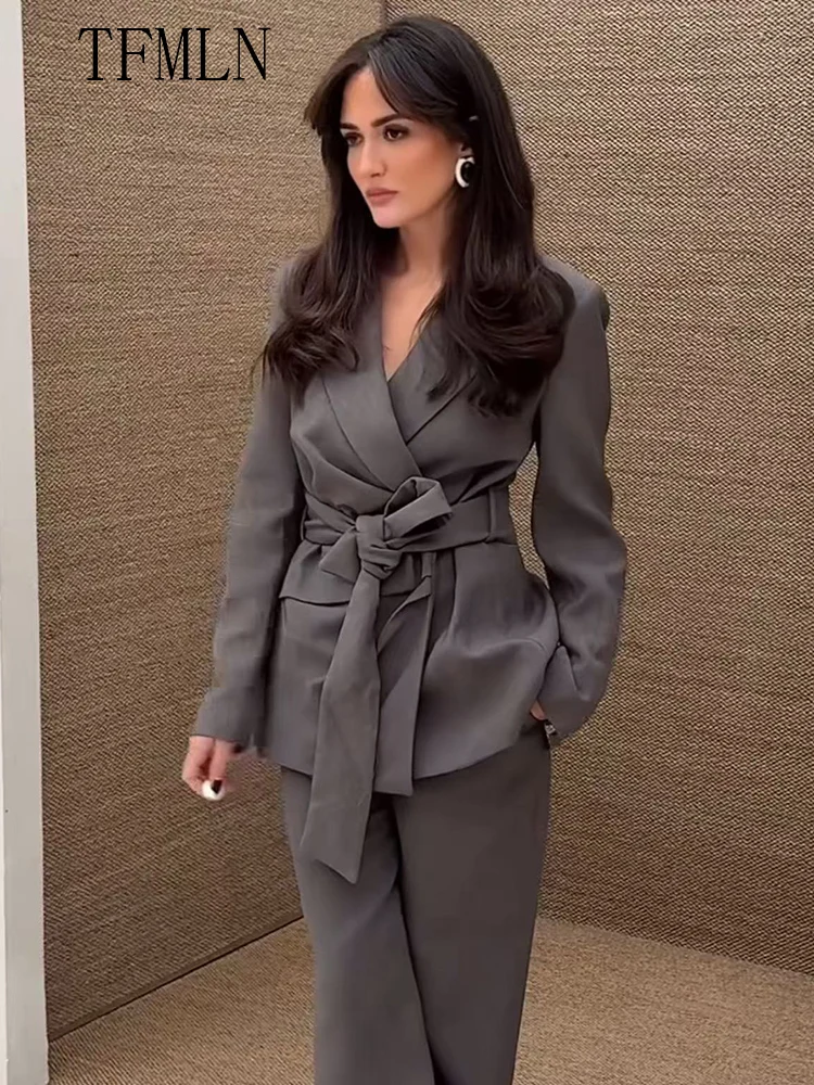 جديد 2025 الخريف المرأة السترة معاطف مع حزام موضة محززة كم طويل شيك سترات كاجوال مكتب سيدة الصلبة أبلى القمم