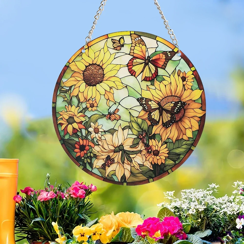 

Sunflower Round Acrylic Painted Window Decoration Pendant Butterfly Wall Hanging Decor Dreamcatcher Room Decoration Accessories