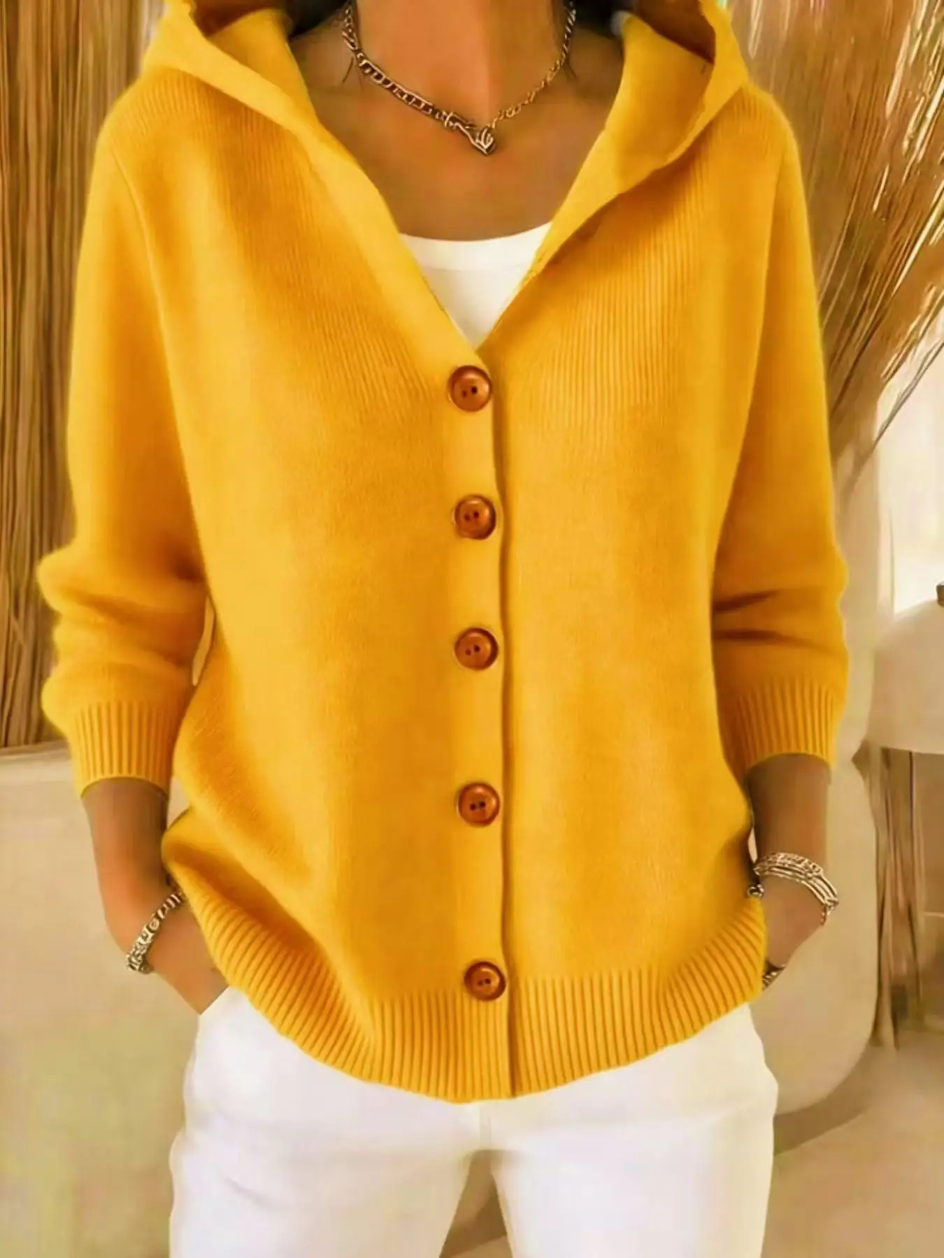 Picture 5: plus Size Women's Hooded V-Neck Knit Cardigan Long Sleeve Button Front Solid Casual Outerwear Knitted Comfortable Fit Cardigan