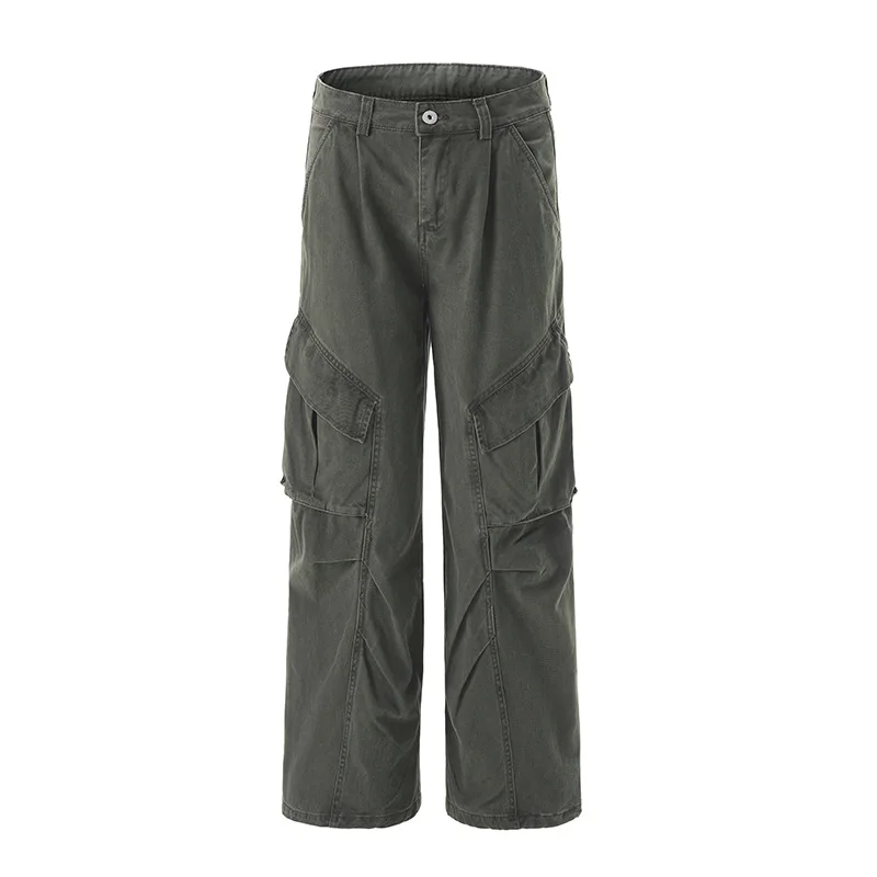 

Mens Vintage Cargo Pants Maillard Street Style Washed Loose Wide Leg Tactical Multi Pocket Casual Trousers for Men