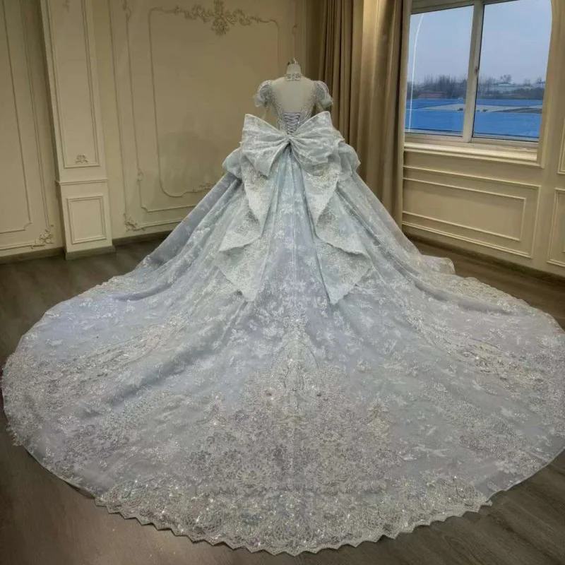 2024 new haze blue round-neck long-sleeved exquisite lace embroidered trailing wedding dress