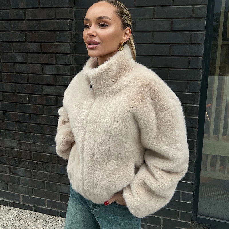 Ticketsx Luxury High-end Winter Fur Coat Women's Stand-Collar Loose Fur Plush Zipper Jacket Warm Soft Comfortable Outerwear