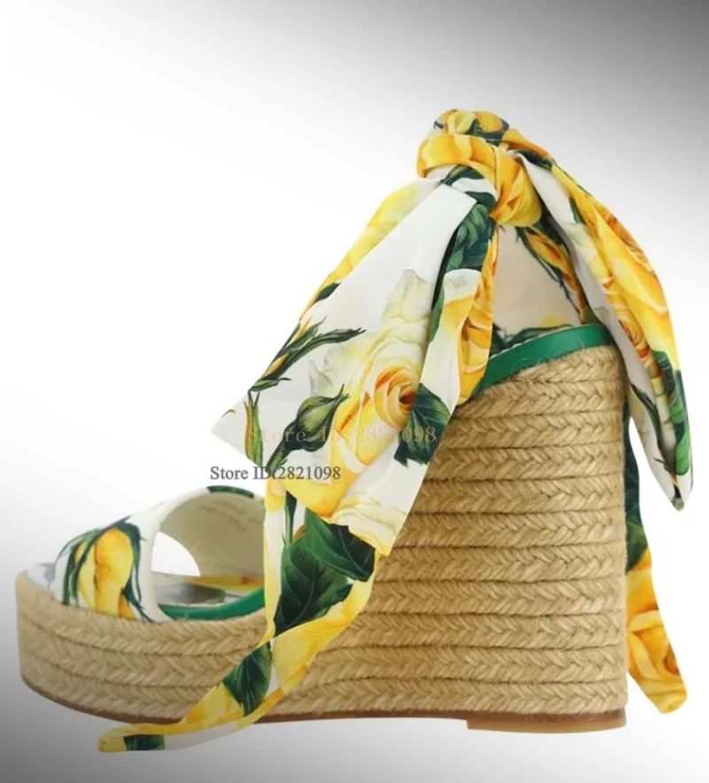 

Green Yellow Floral Printed Charmeuse Silk Satin Wedge Heeled Sandal Women's High Heel Ankle Wrap Narrow Band Wedge Show Shoes