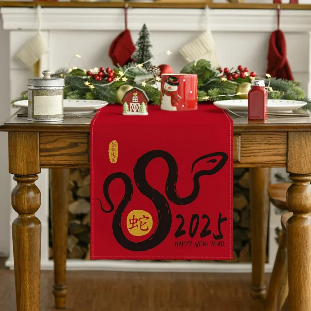 Chinese New Year Snake Zodiac Linen Table Runner Happy New Year's Day Decorations For Home Spring Festival Supplies Table Flag *