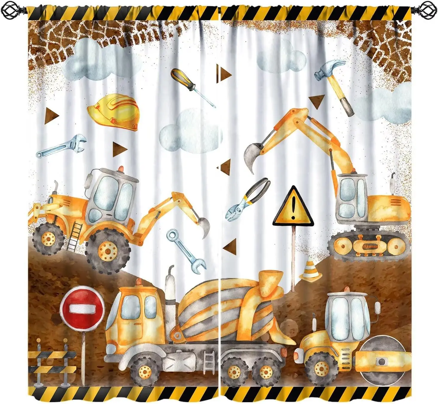 Cartoon Construction Curtains, Yellow Excavator Truck Print Window Drapes, Cool Boys Room Decor for Bedroom Living Room