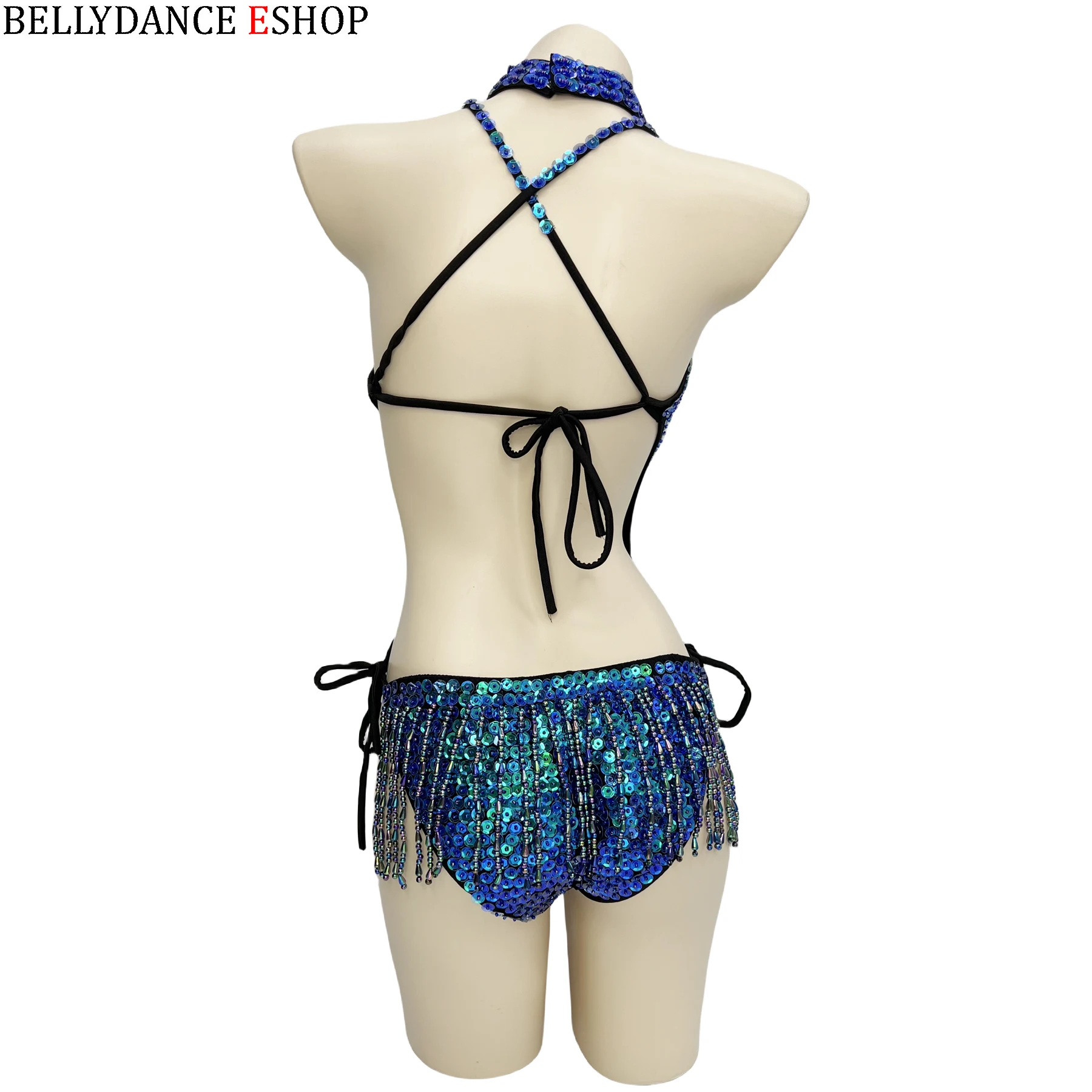 Sexy Women beading Bodysuit Sequin Swimsuit latin Belly Dance Costume Dancer One-Piece Outfit Costume Stage Performance Blue