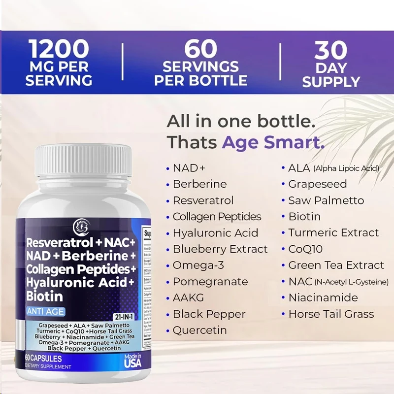 Resveratrol NAD+Aspartate Hyaluronic Acid Grape and Blueberry+NAC Collagen Peptide Hair, Nail, Skin, and Joint Supplements