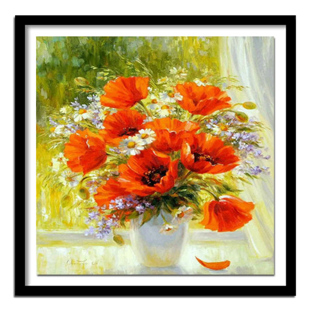 Windowsill Poppies 3d Diamond painting cross stitch Floral Rhinestone kits Square full  Diamond embroidery Home decor