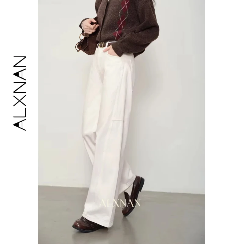 

ALXNAN белые прямые джинсы женские осенние широкие джинсы из 100% хлопка джинсы 2025 модные повседневные офисные женские мешковатые брюки L569165