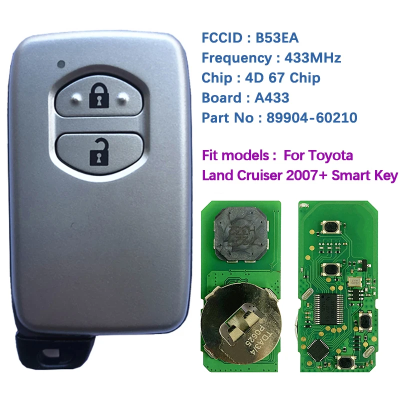 

CN007175 Aftermarket 2 Button Smart Key B53EA P1 D4 4D-67 Chip 433MHz 89904-60210 Keyless Go For Toyota Land Cruiser 2007 +