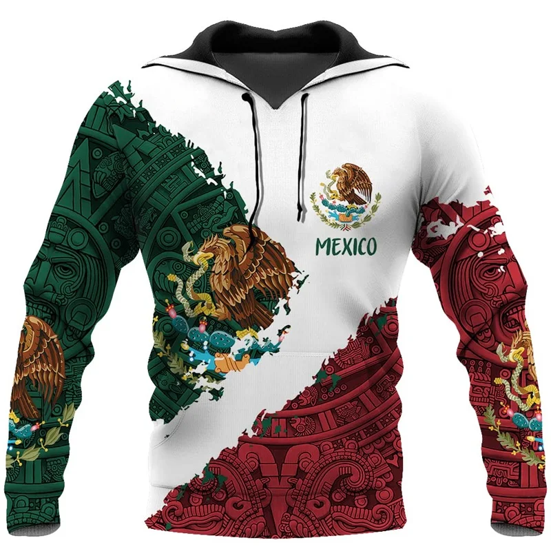 3D Print Mexican Flag Graphic Hoodies Aztec Mexican Casual Hooded Pullover Sweatshirts Full Print Oversized Mens Sport Hoodie