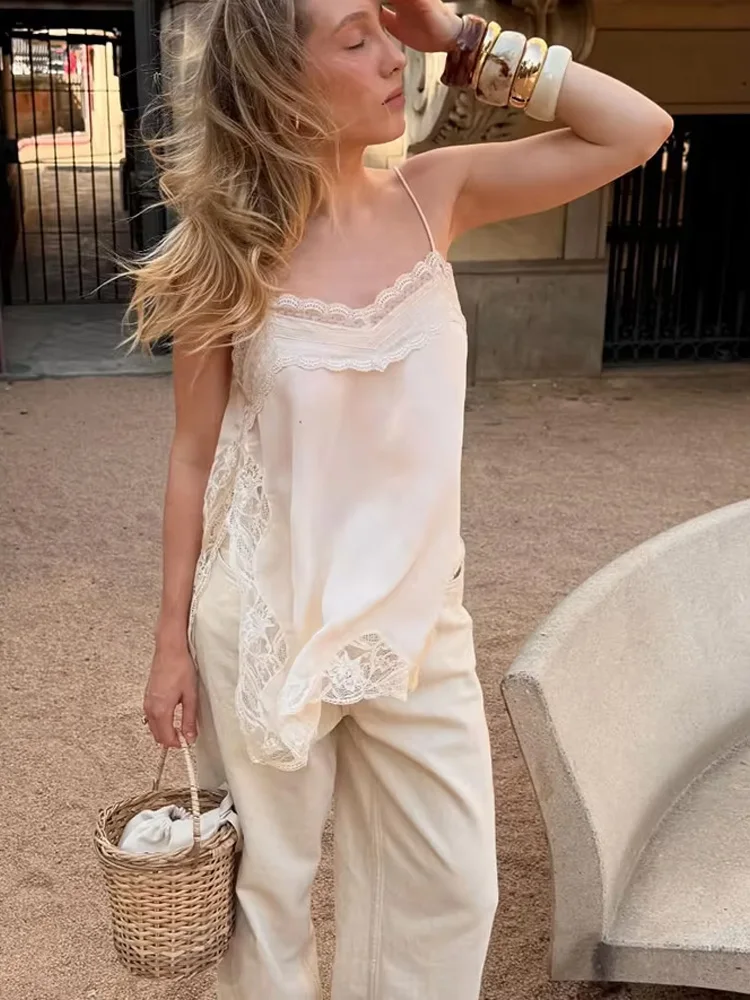 HH Female 2025 Summer Fashion V-neck Lace Spliced Split Sling Top Women Chic Sexy Backless Party Style Casual Camisole Top image 5