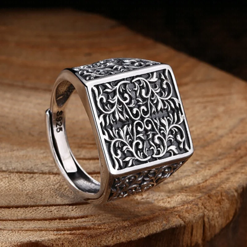 BOCAI S925 Sterling Silver Charms Rings for Men Women Retro Eternal Rattan Pattern Square Fashion Punk Jewelry Wholesale