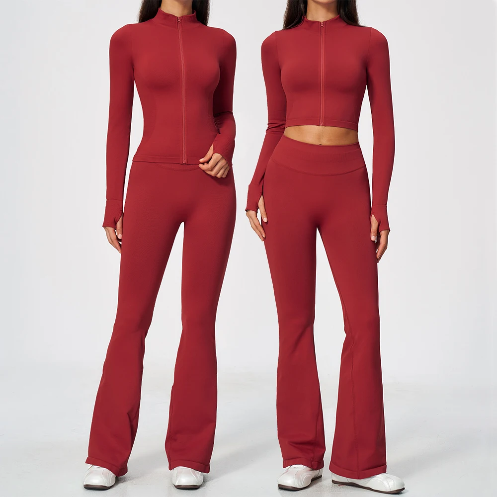 Women Seamless Yoga Set 2Pcs Zipper Thumb Hole Long Sleeve High Waist Flare Pants Butt Lifting Workout Tracksuit Gym Sports Suit