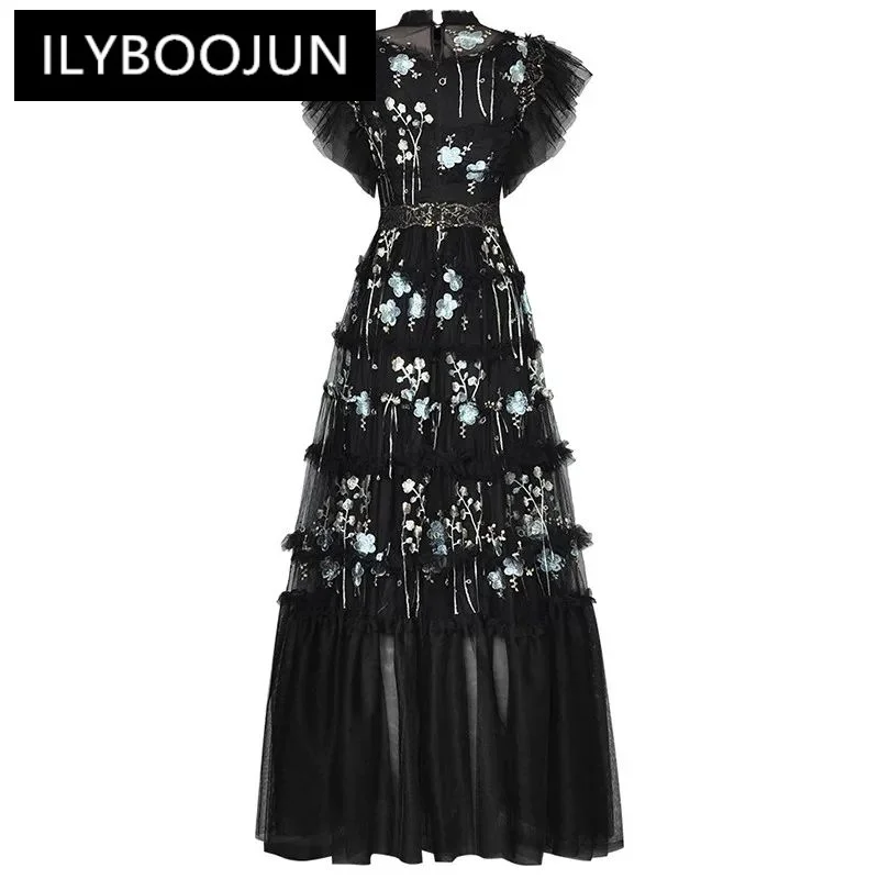 ILYBOOJUN Fashion Summer Women\'s dress Butterfly Sleeve Mesh Embroidery Wood ear edge Black Vintage Elegant Party Dresses