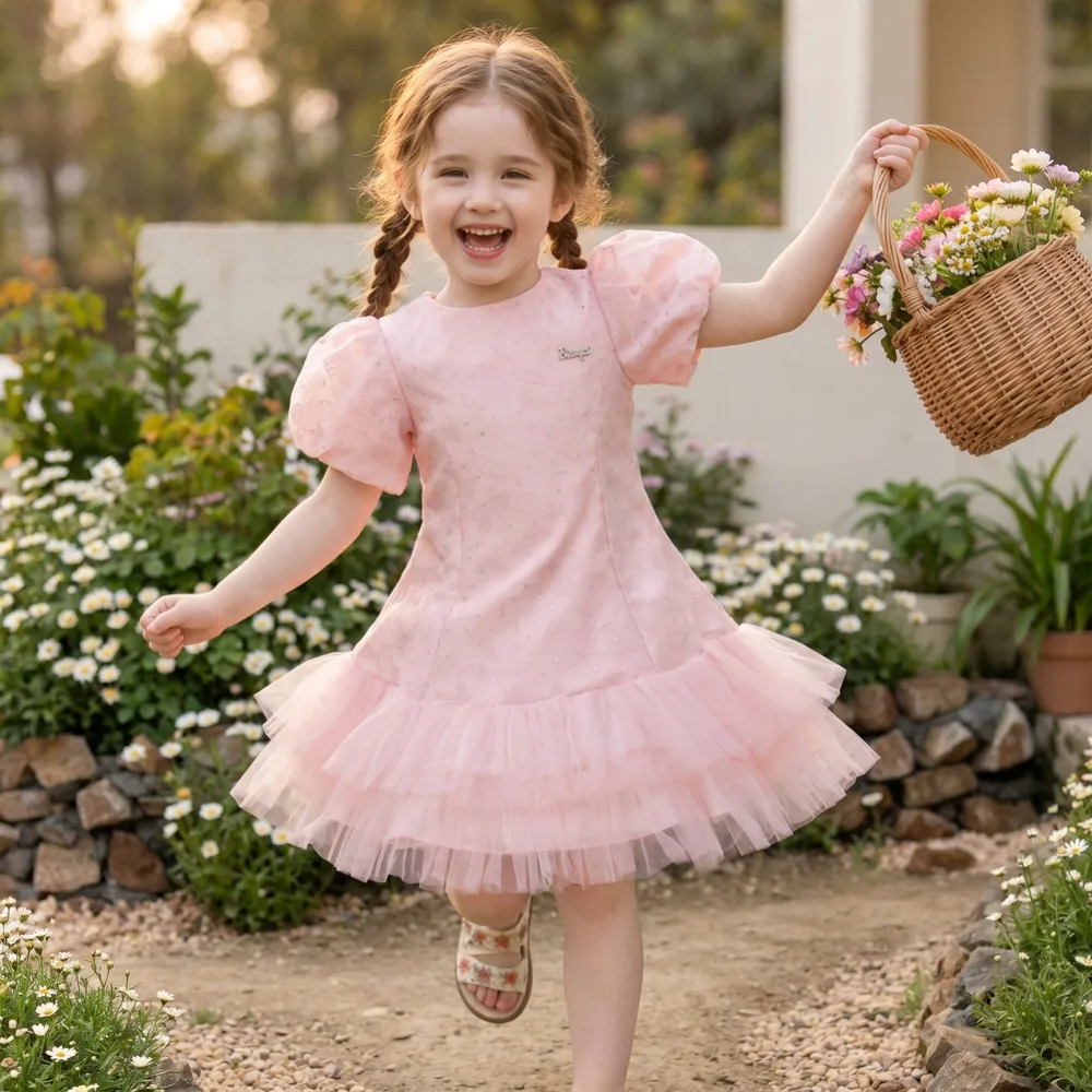 Girls Summer Princess Dress 2026 New Simple Style Elegant Tulle Tutu Kids Party Gown  for 100- 150cm