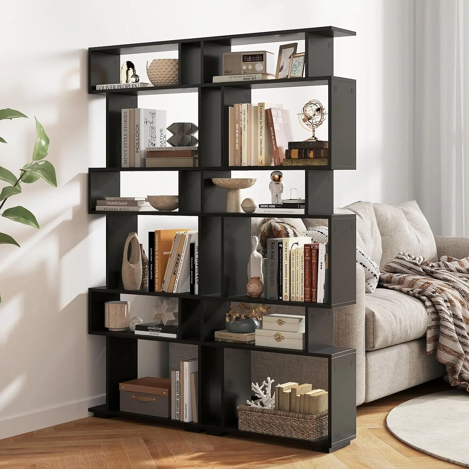 S Shaped Bookshelf Wood Geometric Bookcase Room Divider Display Shelf 64
