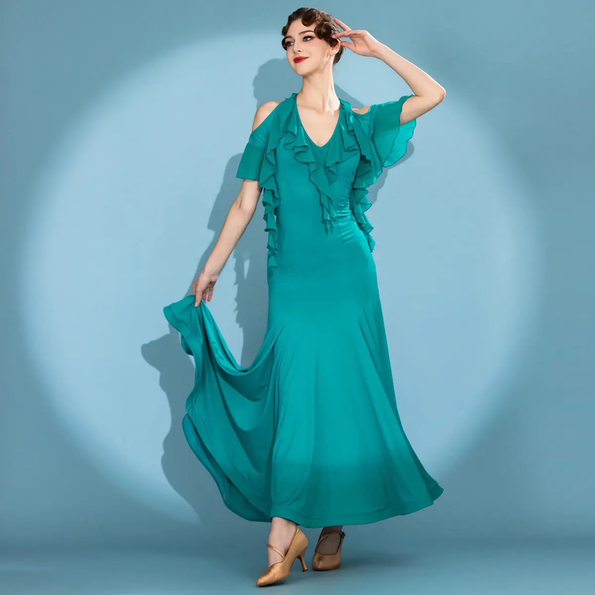 

Modern Dance Practice Competition Performance Dress With Ruffles Slim Fit Hip-hugging Off-shoulder Ballroom Dance Costumes