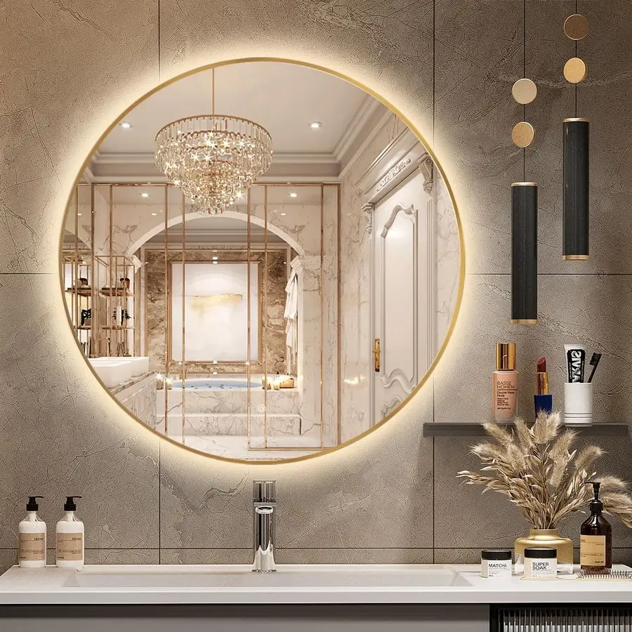 

32 LED Backlit Round Mirror for Bathroom, Gold Framed Vanity Light Wall Mirror, LED Smart Circle Mirrors with 3 Lighting Colors,