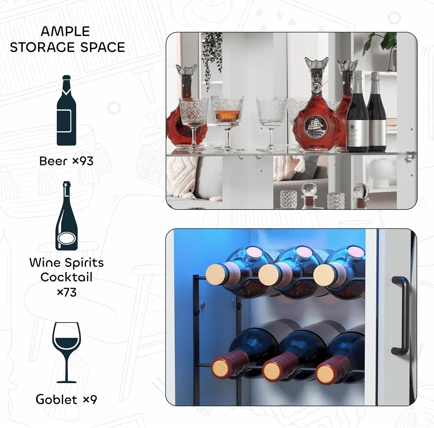 Armoire de bar d'angle de 68,9 pouces de haut, bar à vin avec éclairage LED et miroir, armoire à liqueur de style fermier, pour salle à manger, salon