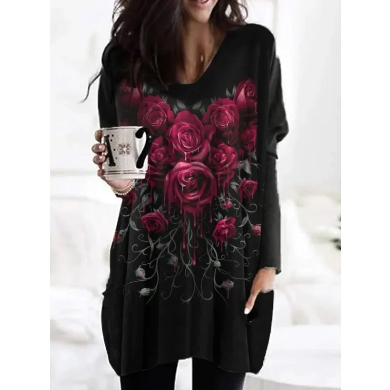 Women\'s  Plus Size 1XL-5XL CasualPocket Long Sleeved T-shirt  Ladies Autumn New  Christmas Printed Home Clothes Tops