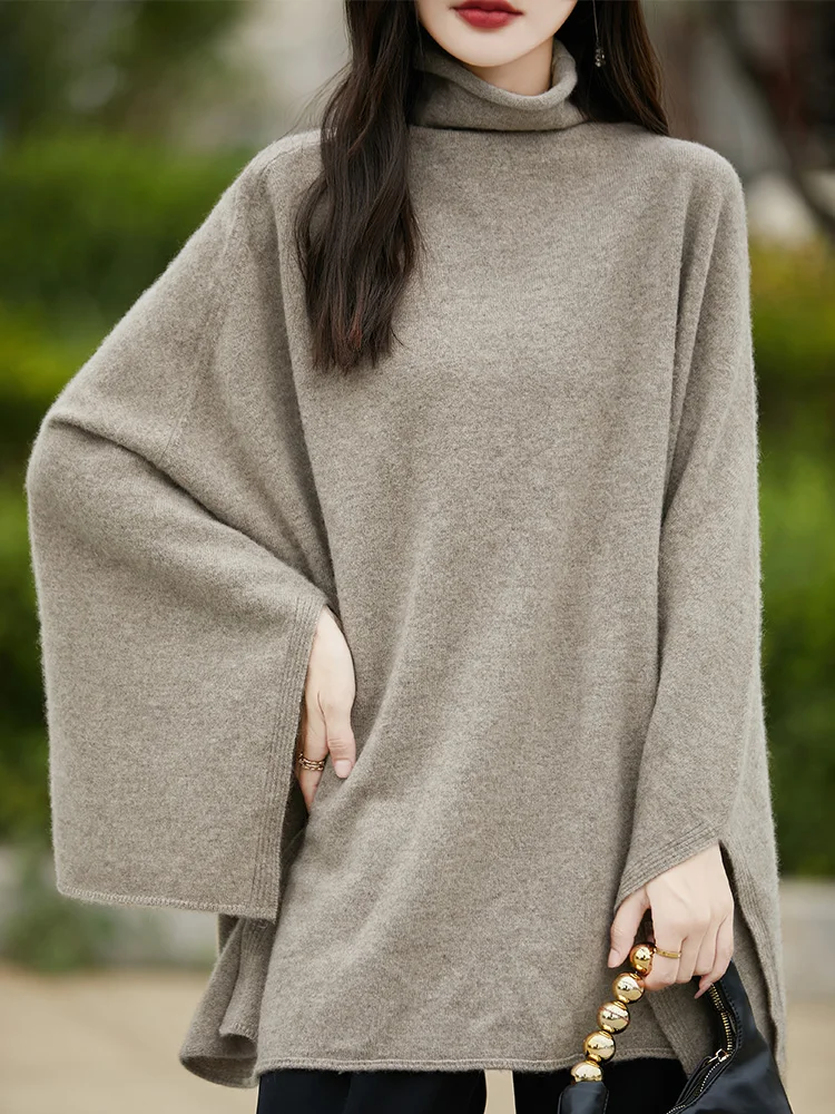 100% Pure Wool Large Size Sweater Women Turtleneck Cape Shawl Korean Fashion Loose Cashmere Knitwear 2024 Winter Female Pullover